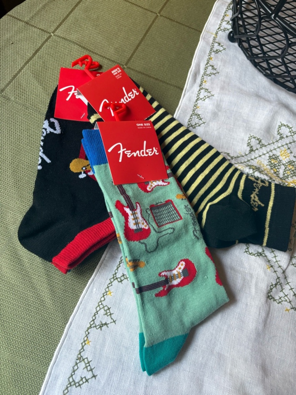 Fender Men's 3-Pack Crew Socks in Mint, Black, Yellow